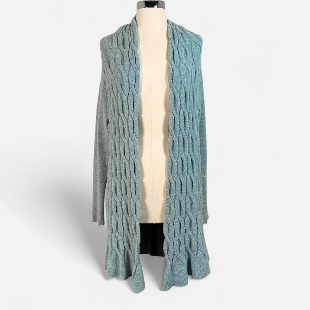 Muted Turquoise Longline Cardigan with 3D Cable Texture